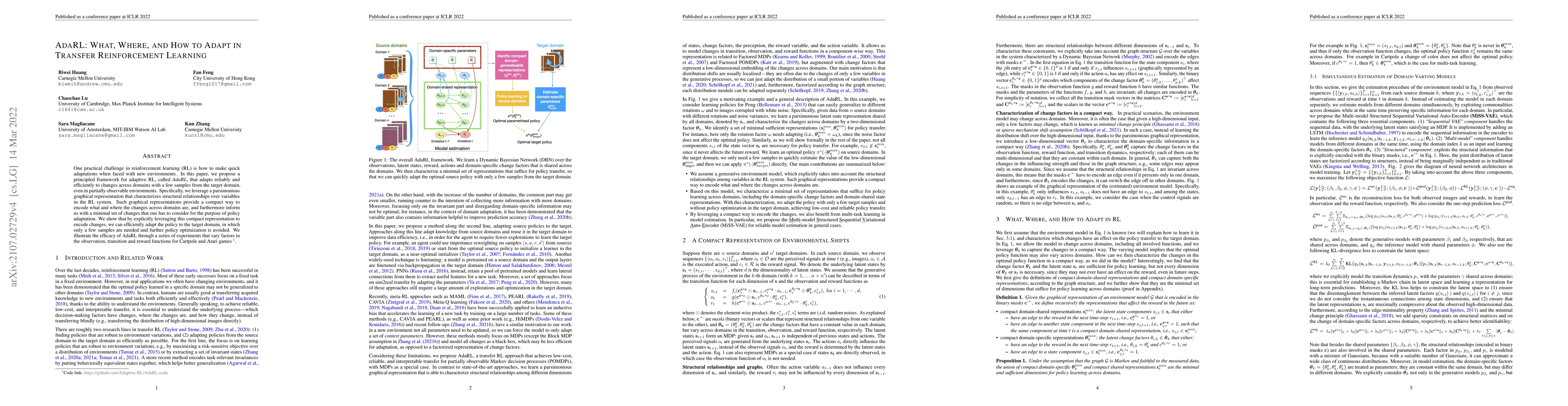 Thumbnail for AdaRL: What, Where, and How to Adapt in Transfer Reinforcement Learning