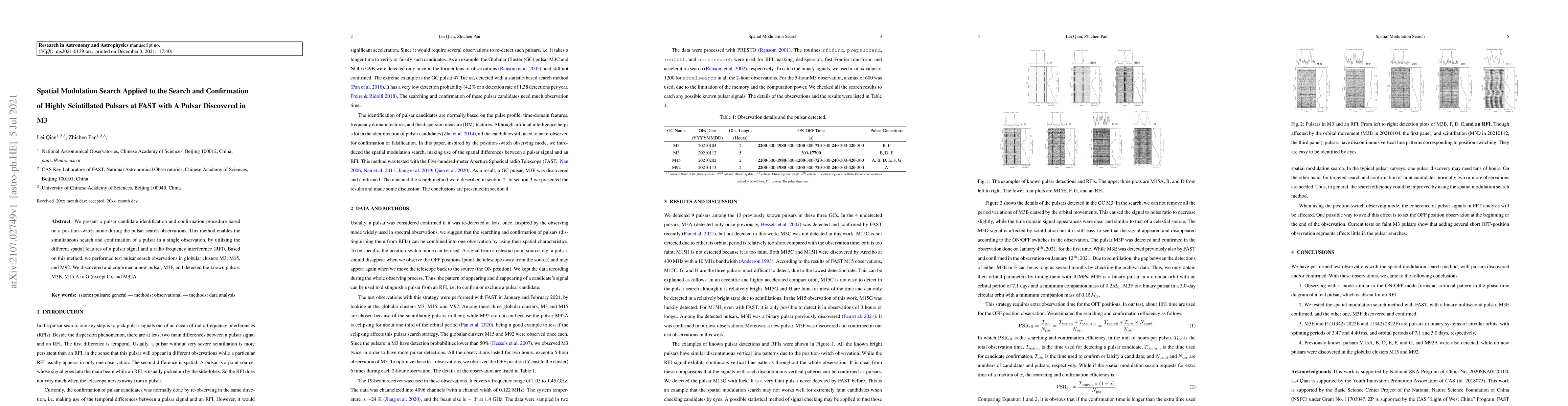 Thumbnail for Spatial Modulation Search Applied to the Search and Confirmation of
  Highly Scintillated Pulsars at FAST with A Pulsar Discovered in M3