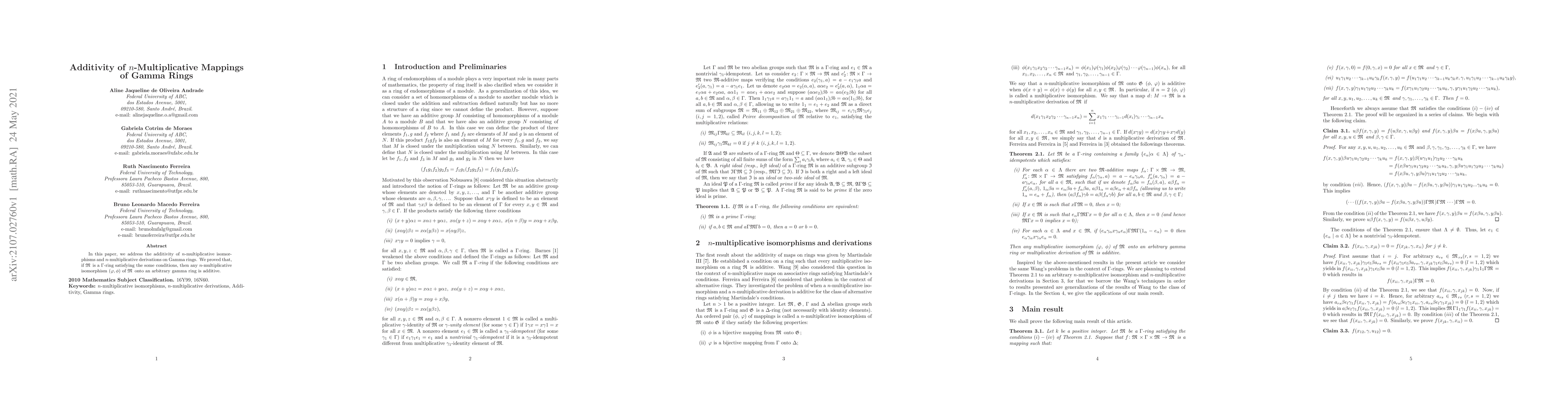 Thumbnail for Additivity of $n$-Multiplicative Mappings of Gamma Rings