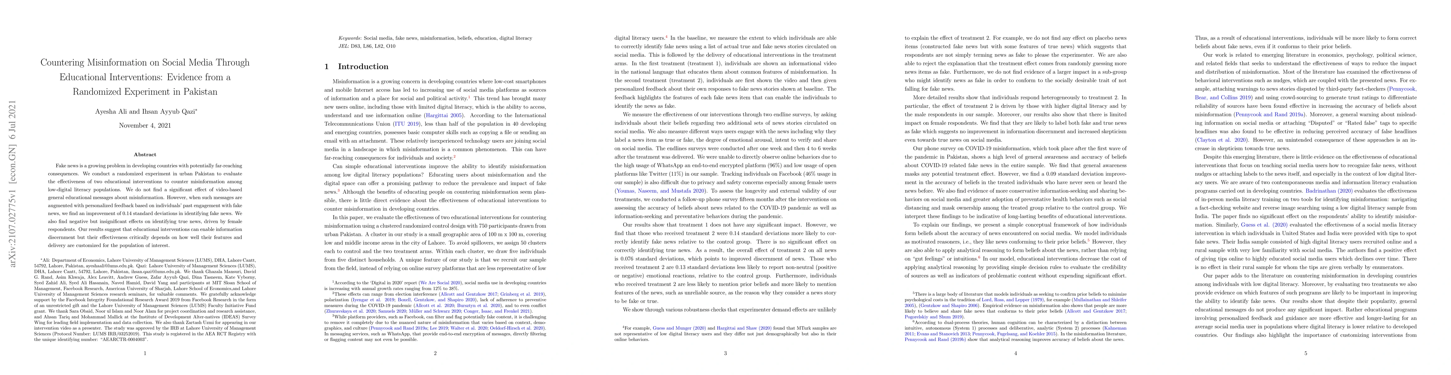 Thumbnail for Countering Misinformation on Social Media Through Educational
  Interventions: Evidence from a Randomized Experiment in Pakistan