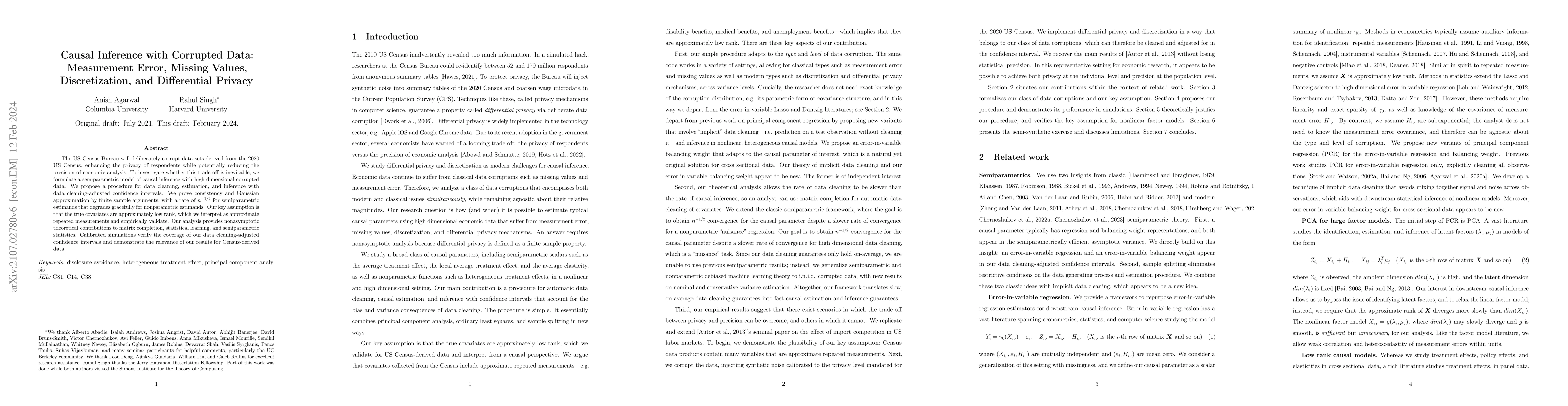 Thumbnail for Causal Inference with Corrupted Data: Measurement Error, Missing Values,
  Discretization, and Differential Privacy