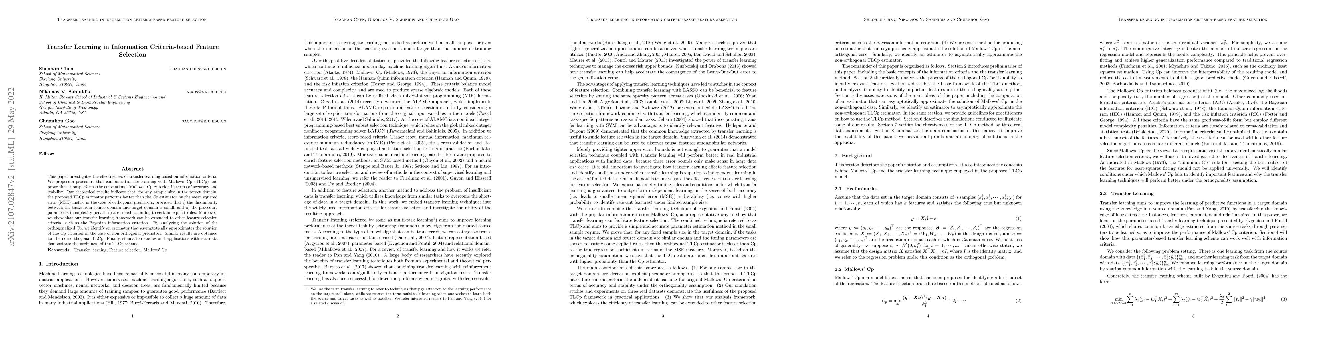 Thumbnail for Transfer Learning in Information Criteria-based Feature Selection