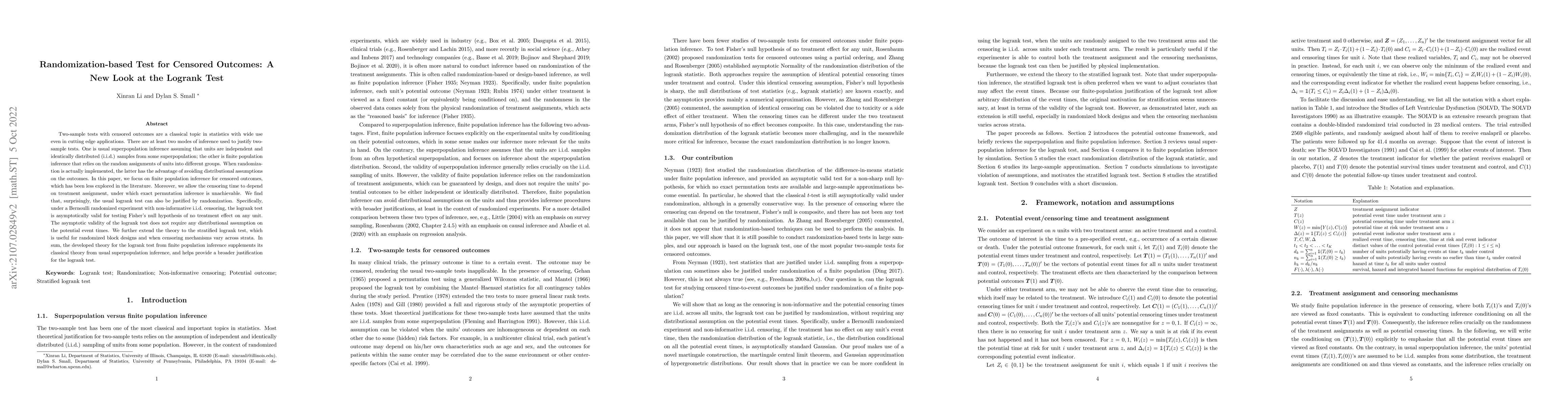Thumbnail for Randomization-based Test for Censored Outcomes: A New Look at the
  Logrank Test