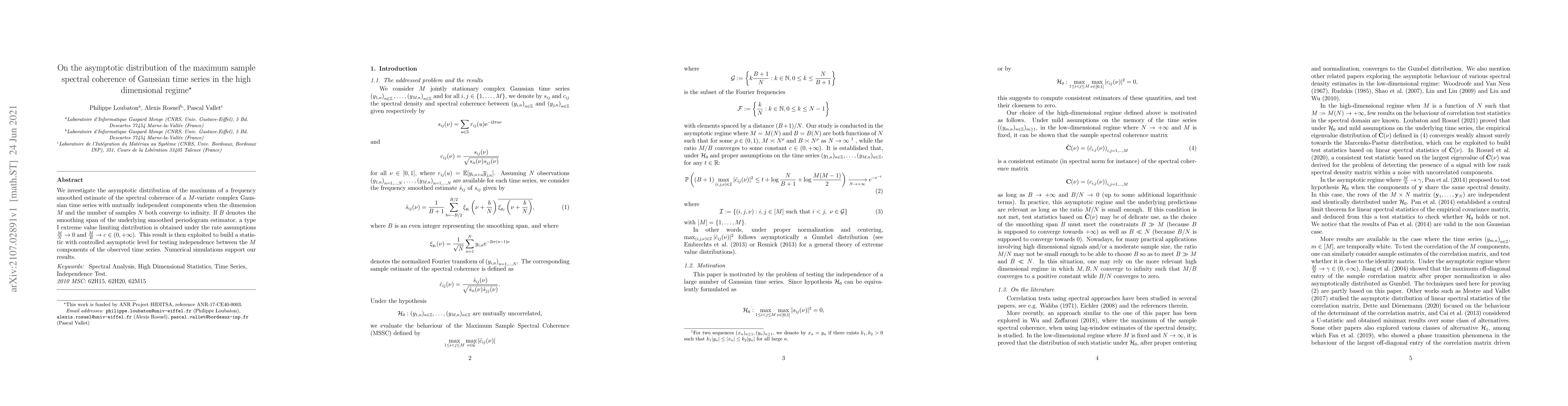 Thumbnail for On the asymptotic distribution of the maximum sample spectral coherence
  of Gaussian time series in the high dimensional regime
