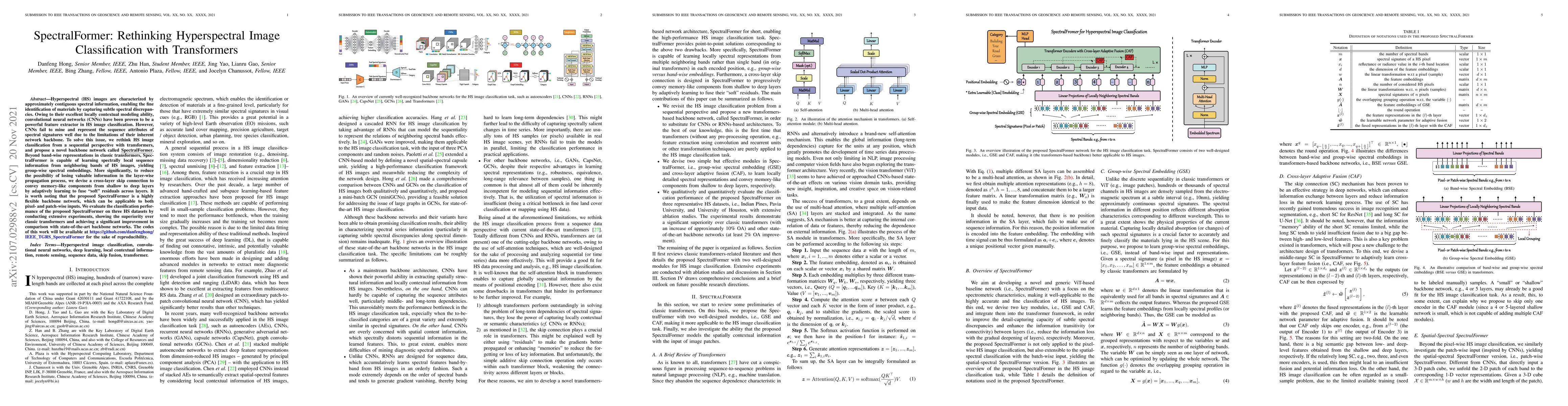 Thumbnail for SpectralFormer: Rethinking Hyperspectral Image Classification with
  Transformers