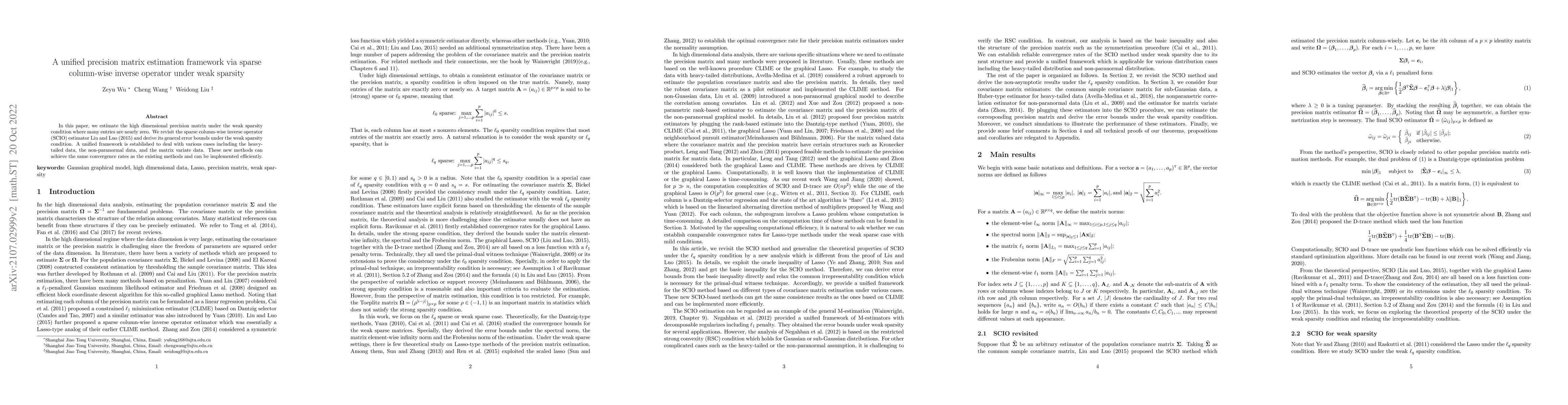 Thumbnail for A unified precision matrix estimation framework via sparse column-wise
  inverse operator under weak sparsity
