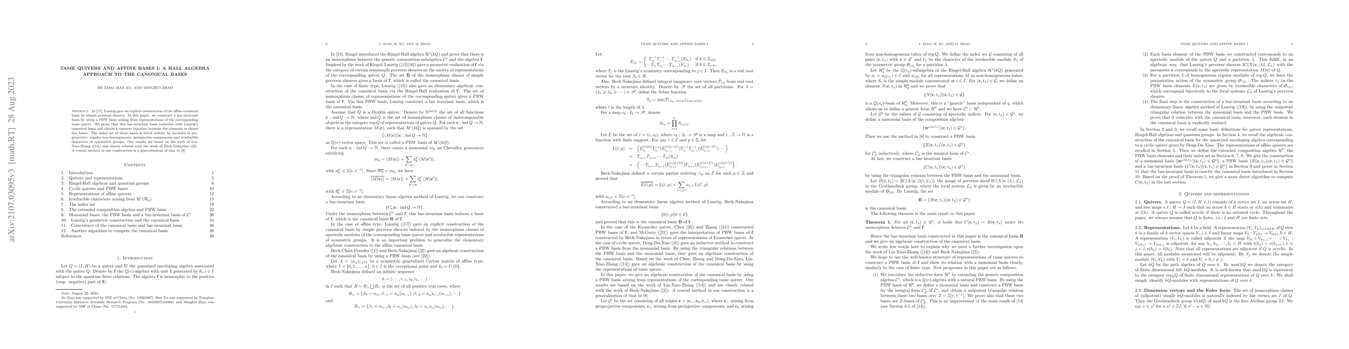 Thumbnail for Tame quivers and affine bases I: a Hall algebra approach to the
  canonical bases