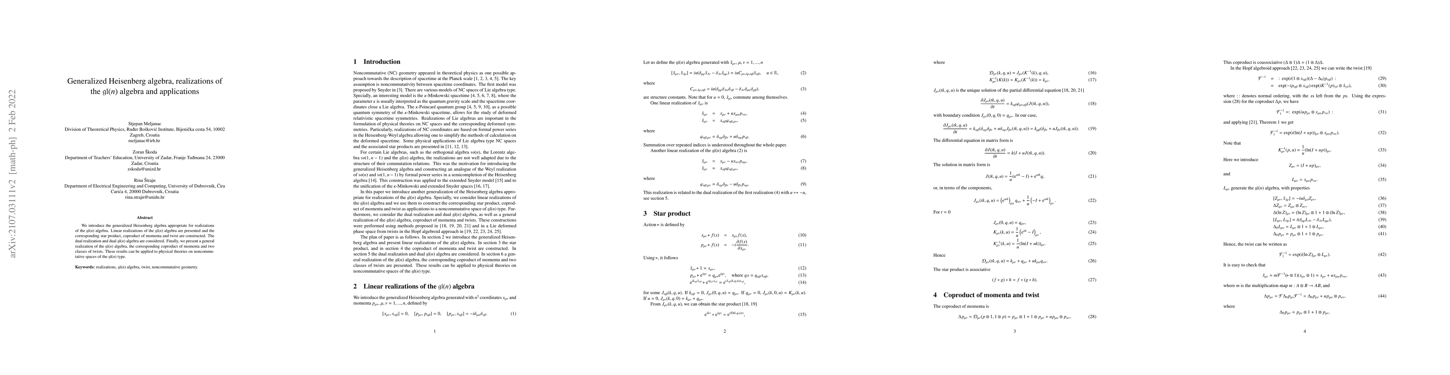 Thumbnail for Generalized Heisenberg algebra, realizations of the $\mathfrak{gl}(n)$
  algebra and applications