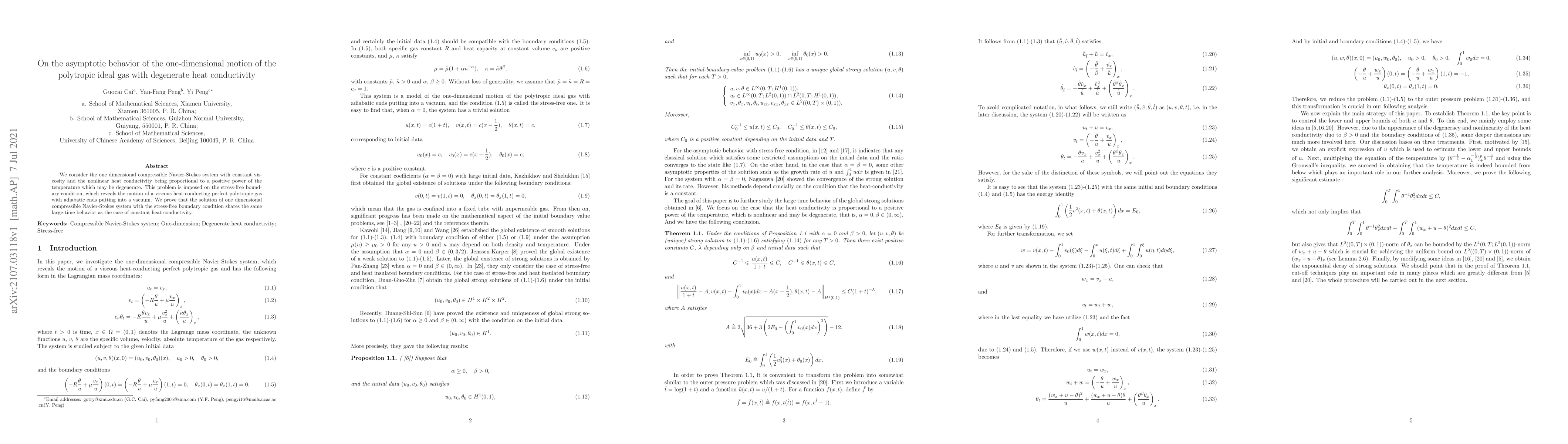 Thumbnail for On the asymptotic behavior of the one-dimensional motion of the
  polytropic ideal gas with degenerate heat conductivity