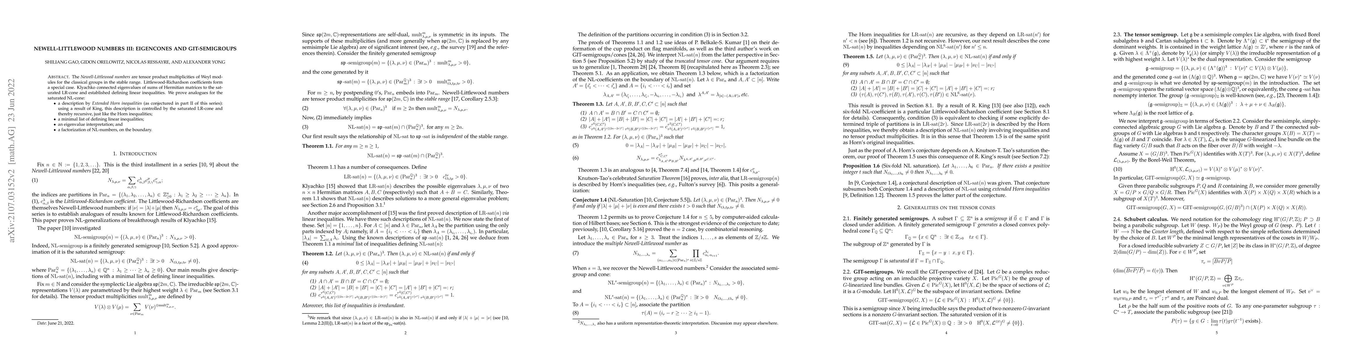 Thumbnail for Newell-Littlewood numbers III: eigencones and GIT-semigroups