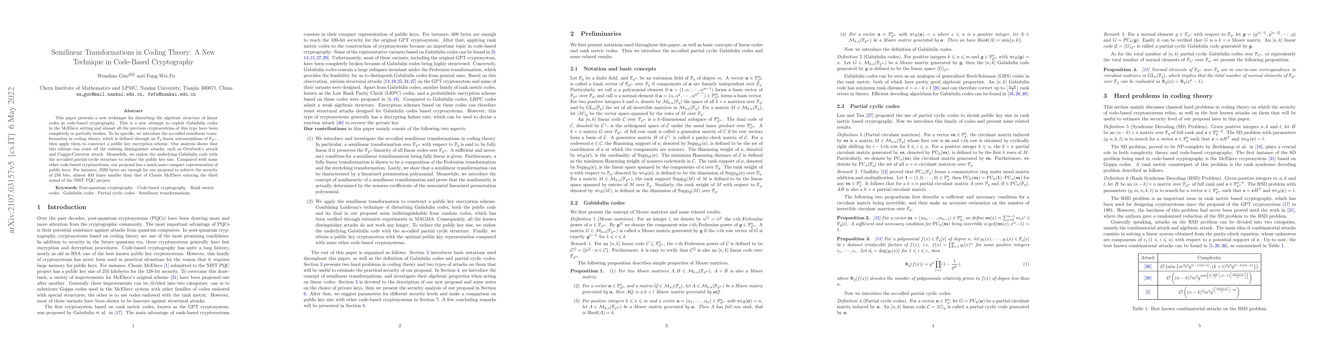 Thumbnail for Semilinear Transformations in Coding Theory: A New Technique in
  Code-Based Cryptography