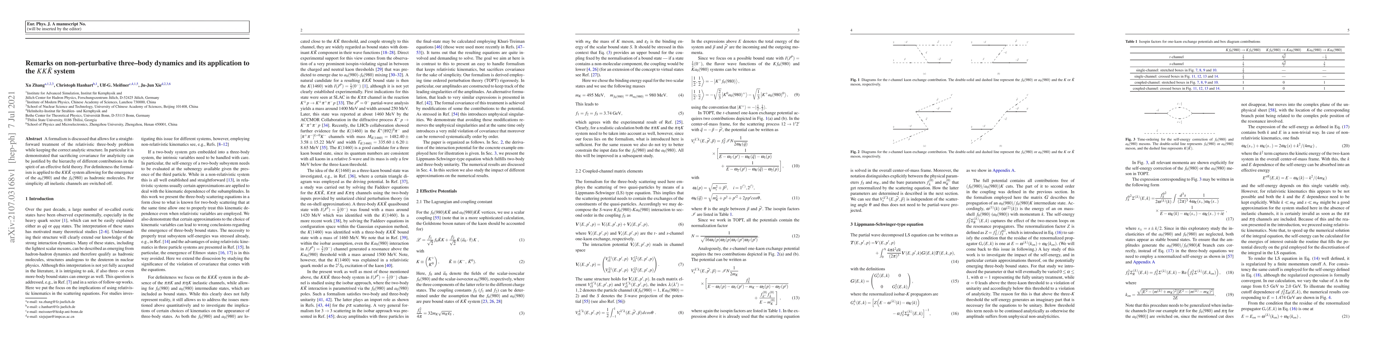 Thumbnail for Remarks on non-perturbative three--body dynamics and its application to
  the $KK\bar K$ system