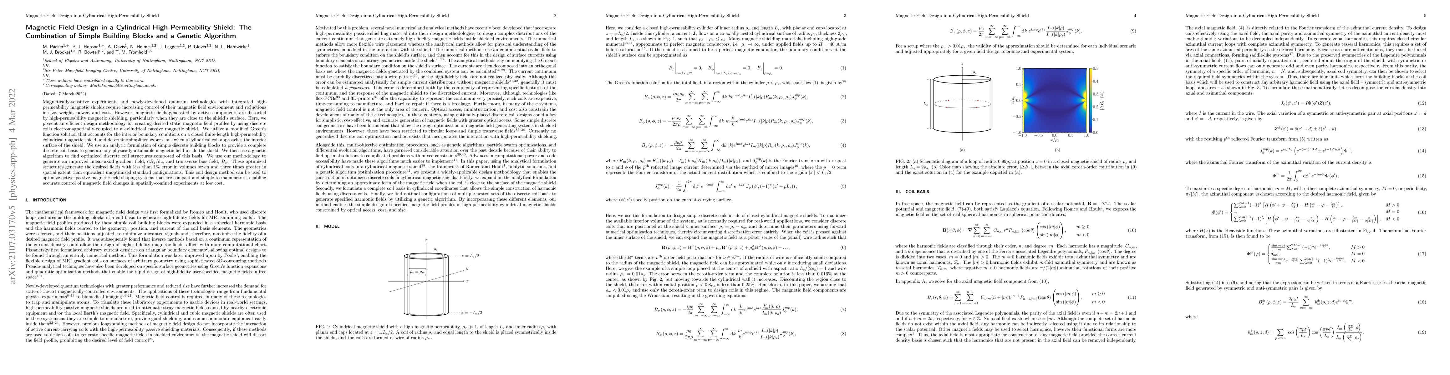Thumbnail for Magnetic Field Design in a Cylindrical High-Permeability Shield: The
  Combination of Simple Building Blocks and a Genetic Algorithm