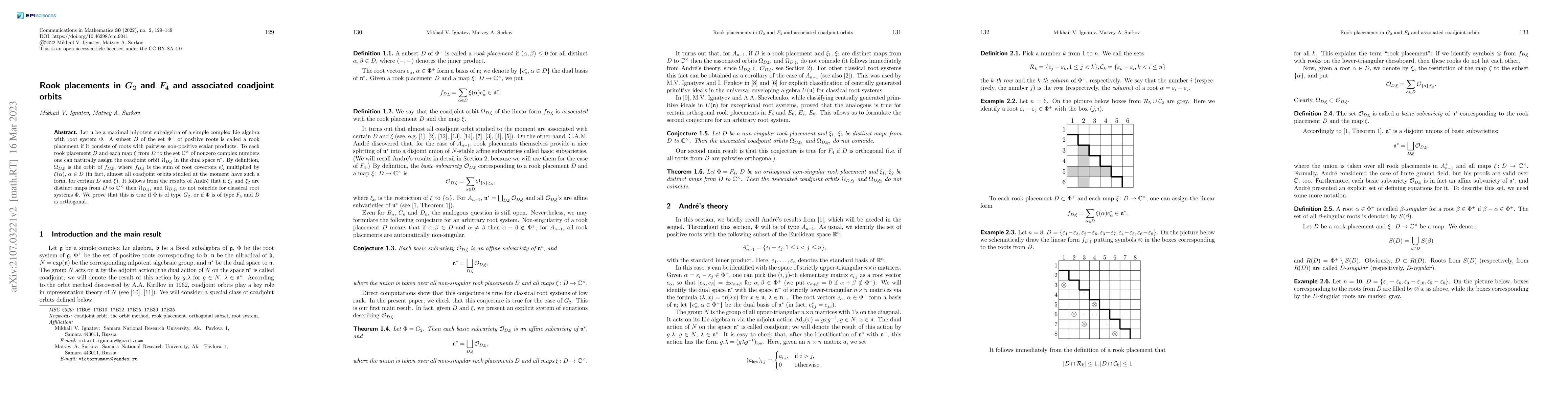 Thumbnail for Rook placements in $G_2$ and $F_4$ and associated coadjoint orbits