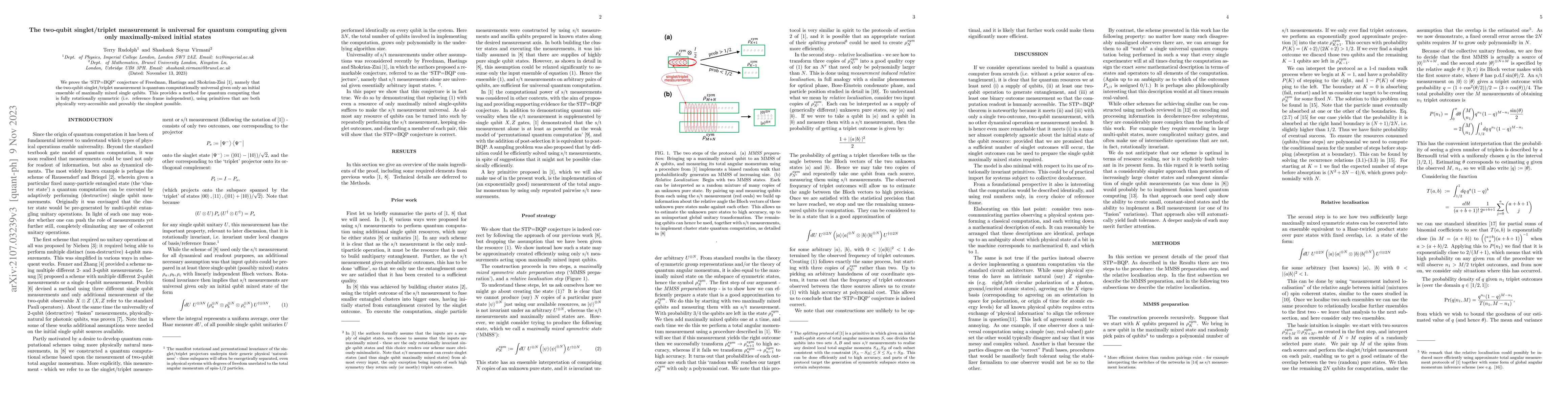 Thumbnail for The two-qubit singlet/triplet measurement is universal for quantum
  computing given only maximally-mixed initial states