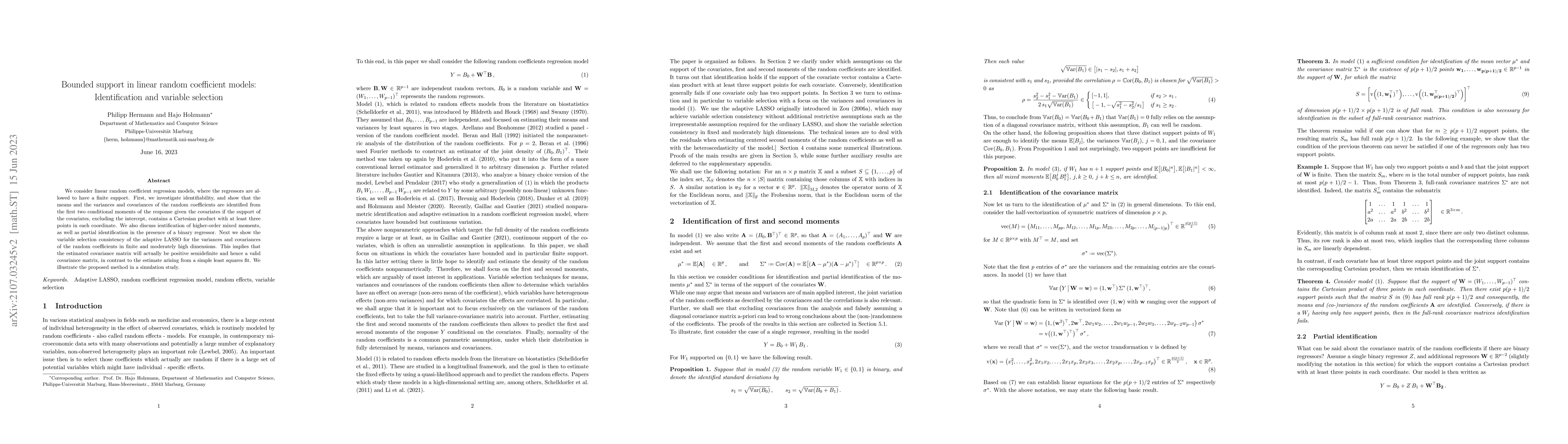 Thumbnail for Bounded support in linear random coefficient models: Identification and
  variable selection