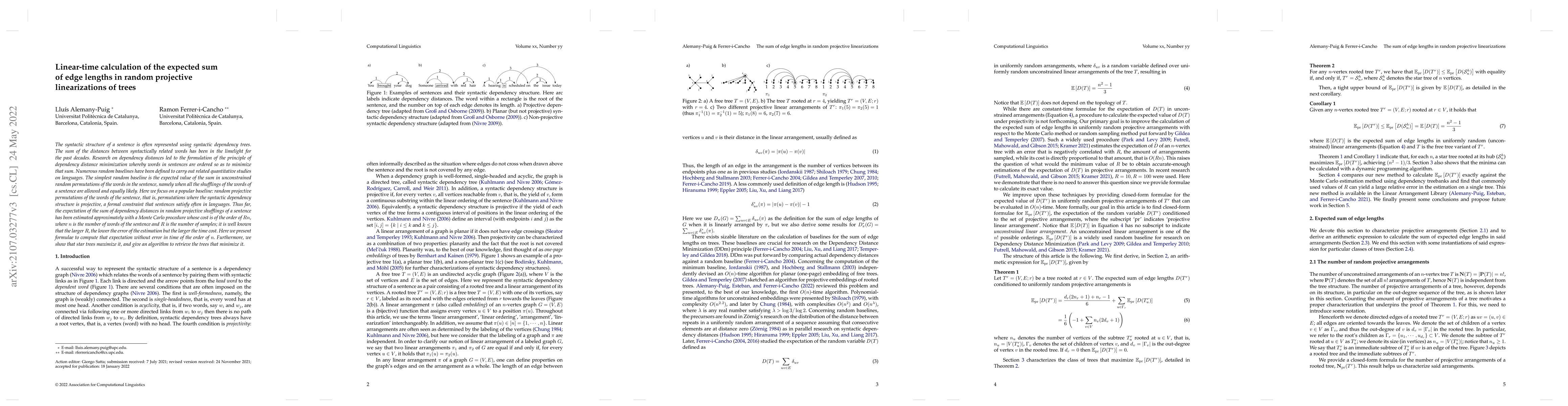 Thumbnail for Linear-time calculation of the expected sum of edge lengths in random
  projective linearizations of trees