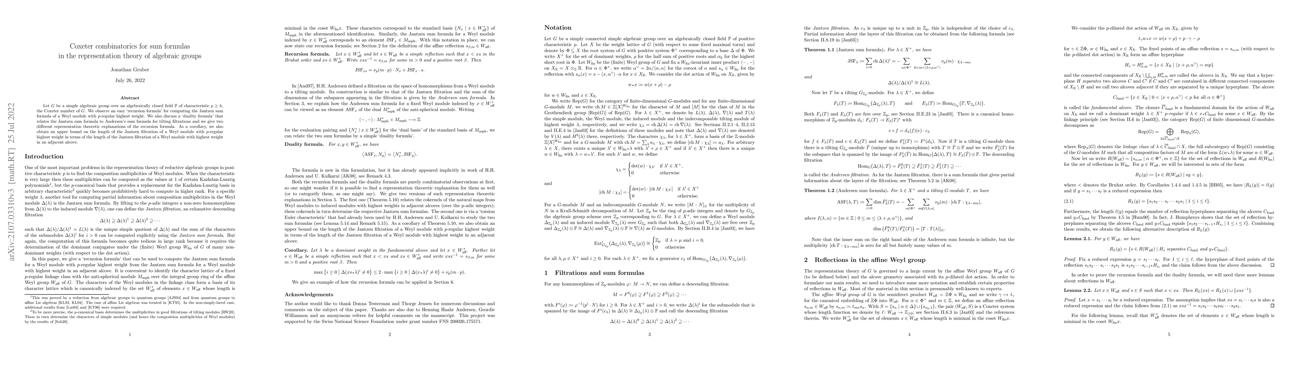 Thumbnail for Coxeter combinatorics for sum formulas in the representation theory of
  algebraic groups