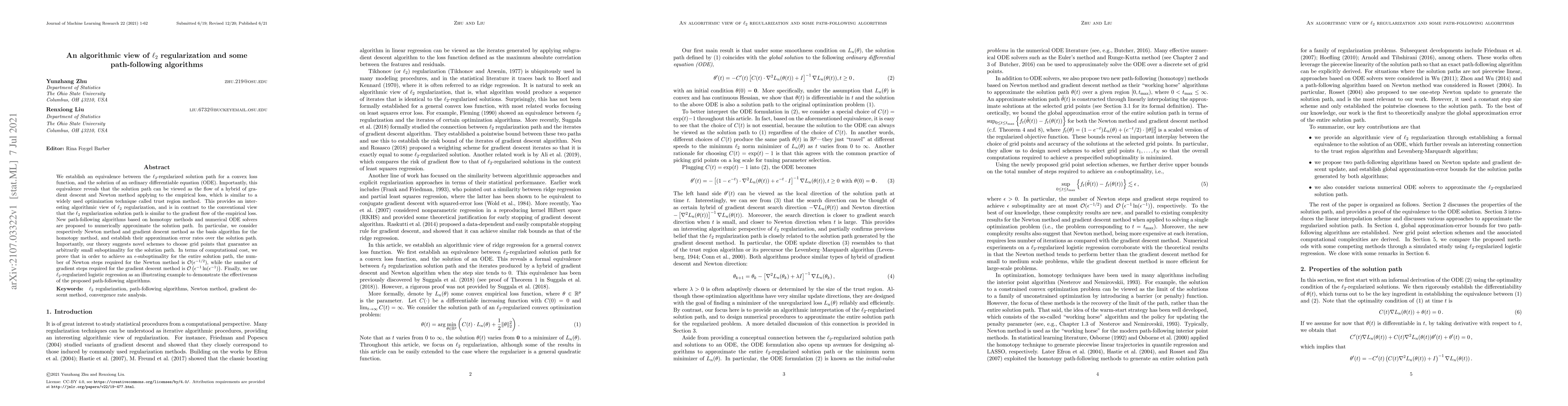 Thumbnail for An algorithmic view of $\ell_2$ regularization and some path-following
  algorithms