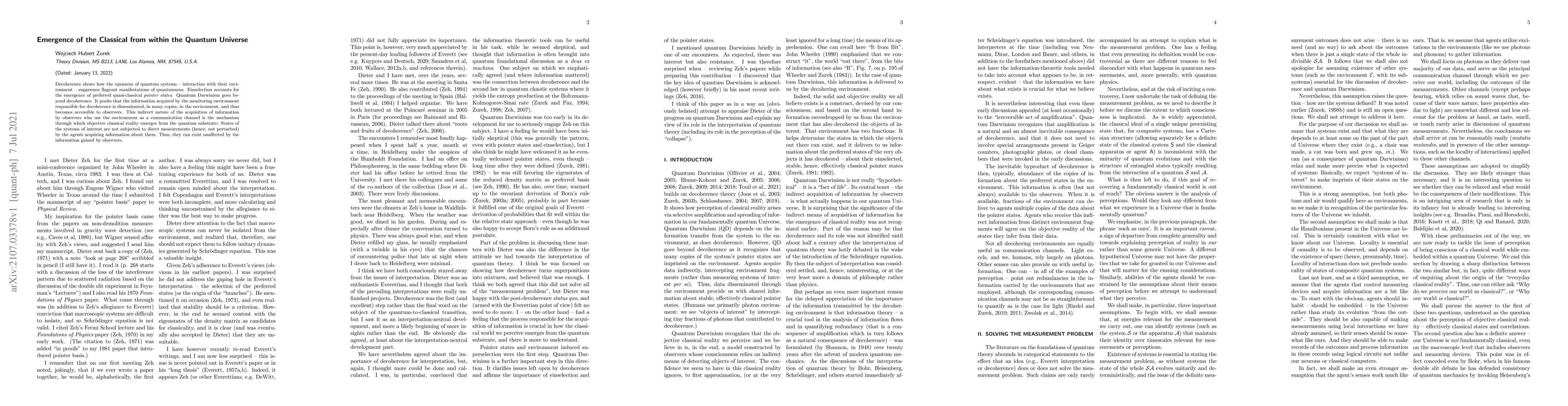 Thumbnail for Emergence of the Classical from within the Quantum Universe
