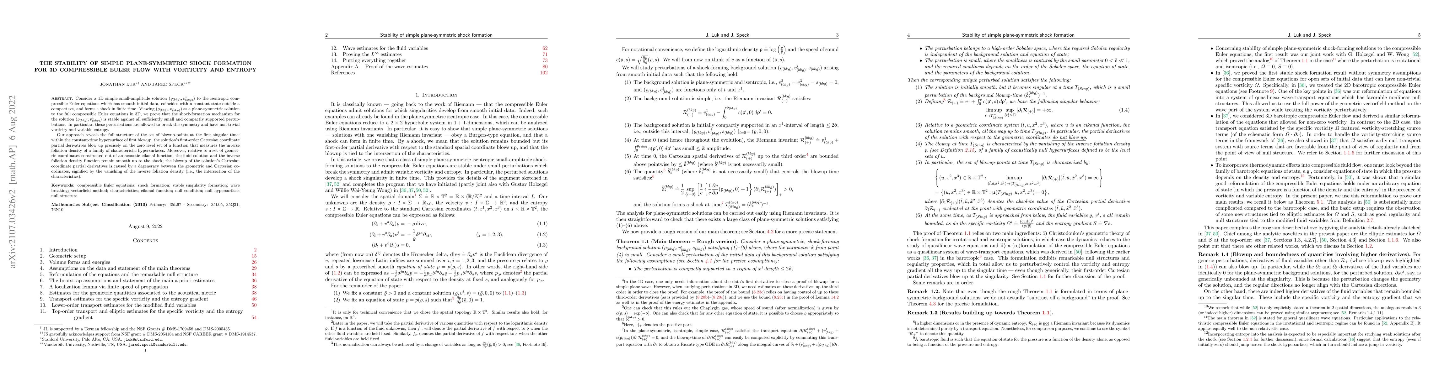 Thumbnail for The stability of simple plane-symmetric shock formation for 3D
  compressible Euler flow with vorticity and entropy
