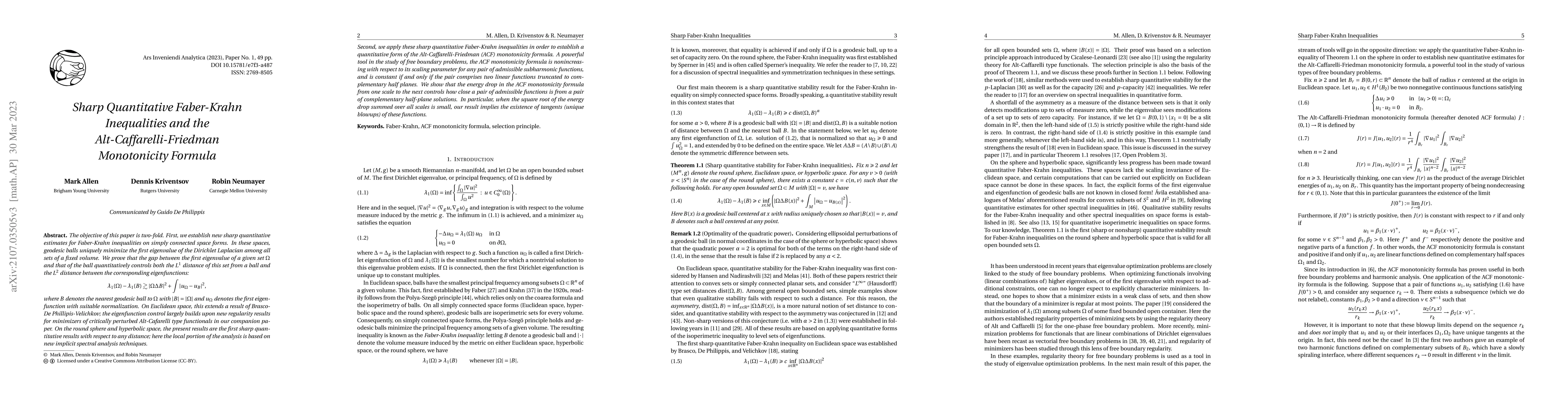 Thumbnail for Sharp quantitative Faber-Krahn inequalities and the
  Alt-Caffarelli-Friedman monotonicity formula