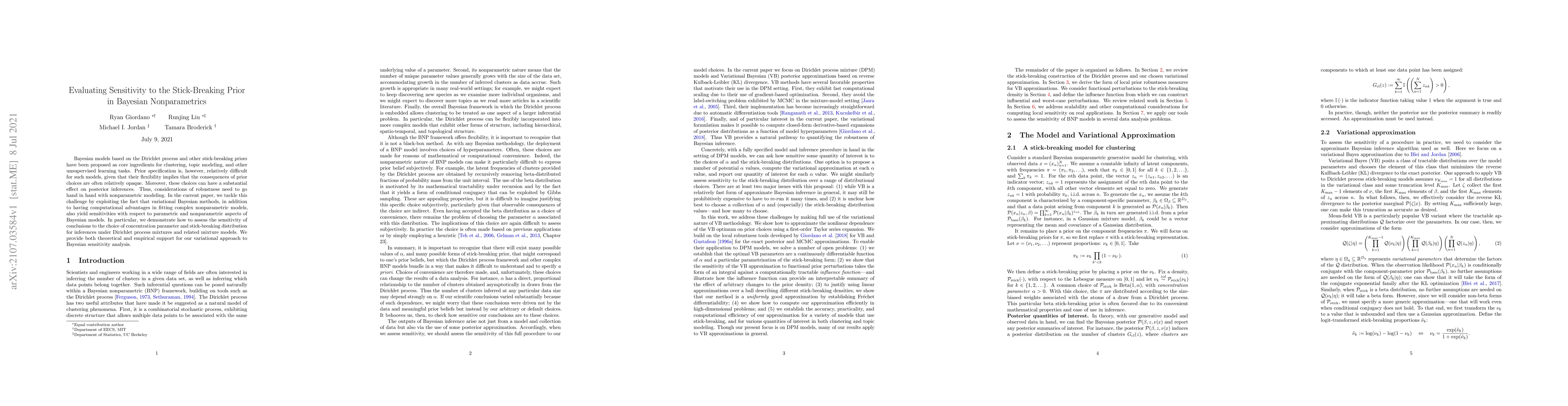 Thumbnail for Evaluating Sensitivity to the Stick-Breaking Prior in Bayesian
  Nonparametrics