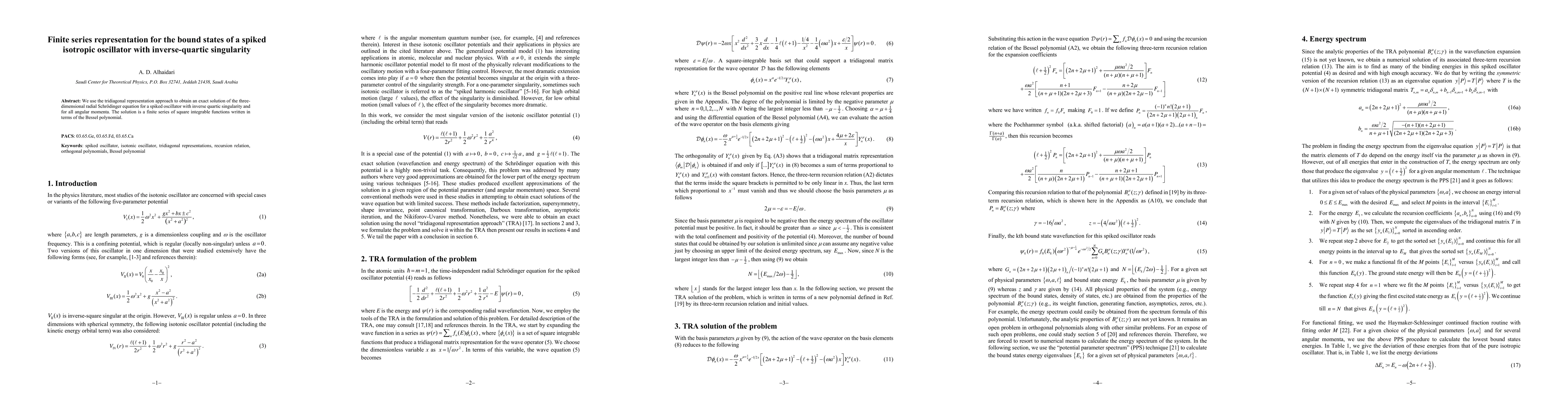 Thumbnail for Finite series representation for the bound states of a spiked isotropic
  oscillator with inverse-quartic singularity
