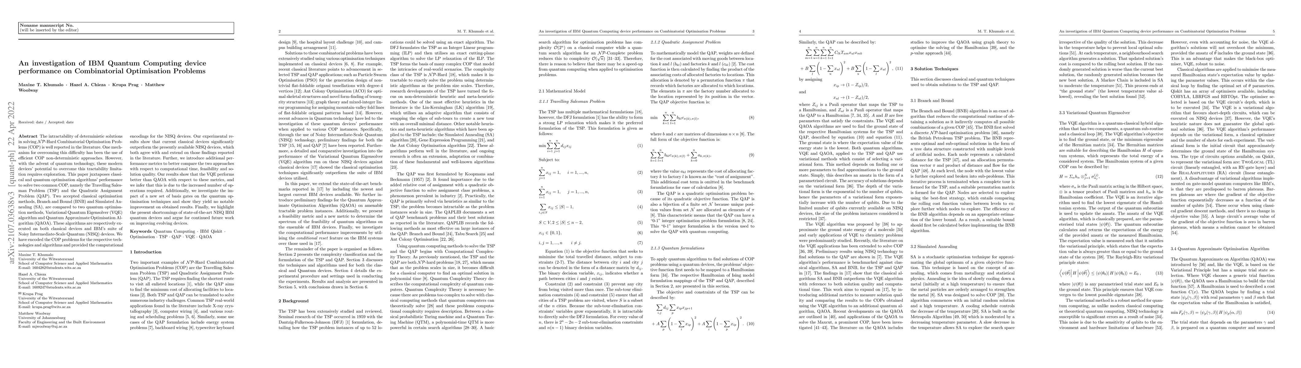 Thumbnail for An investigation of IBM Quantum Computing device performance on
  Combinatorial Optimisation Problems