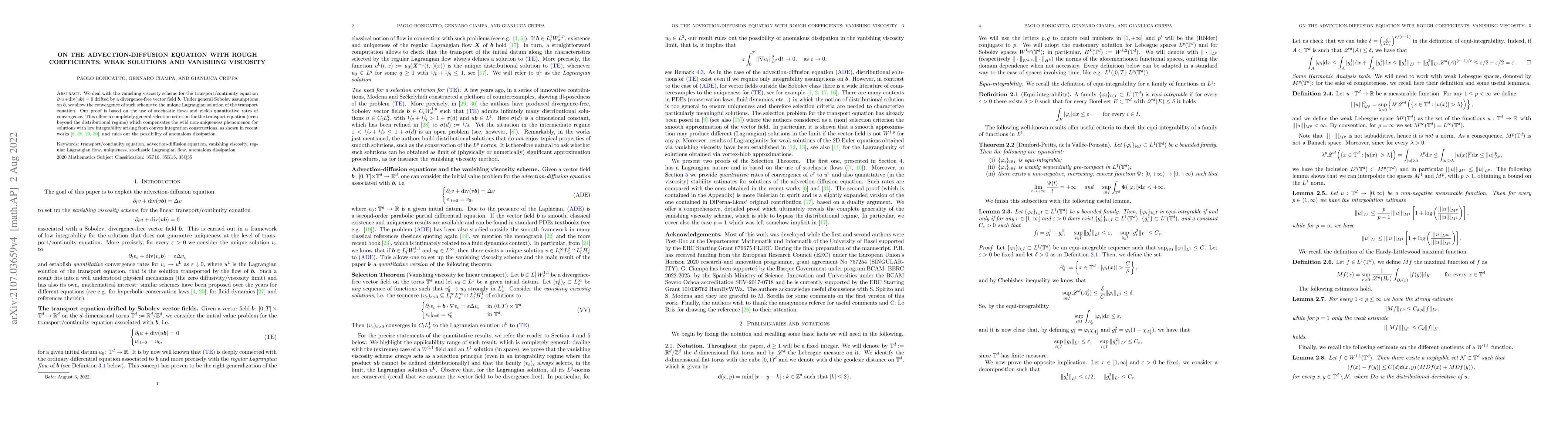Thumbnail for On the advection-diffusion equation with rough coefficients: weak
  solutions and vanishing viscosity