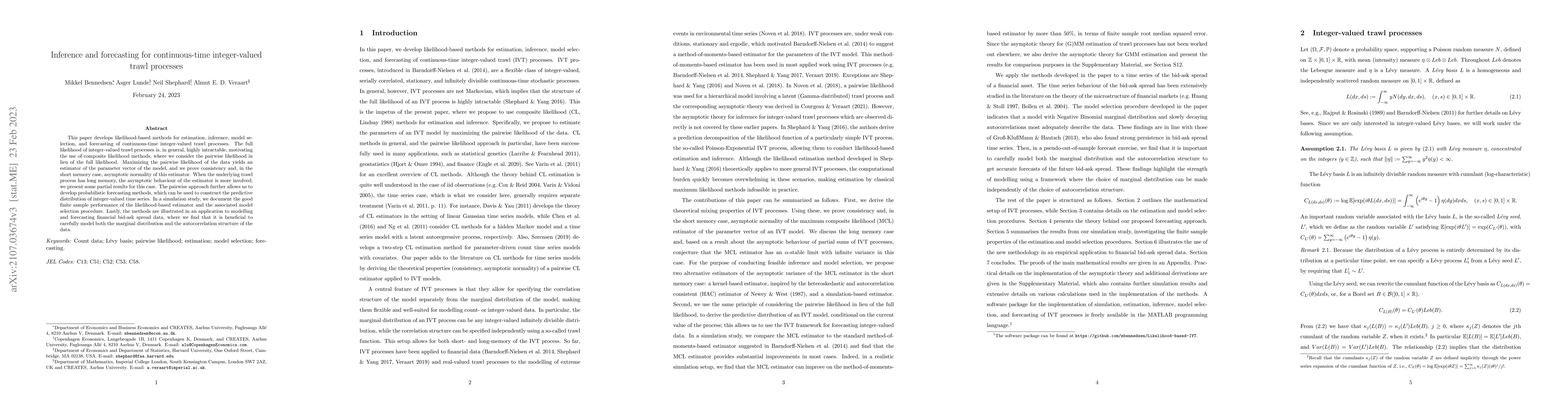Thumbnail for Inference and forecasting for continuous-time integer-valued trawl
  processes
