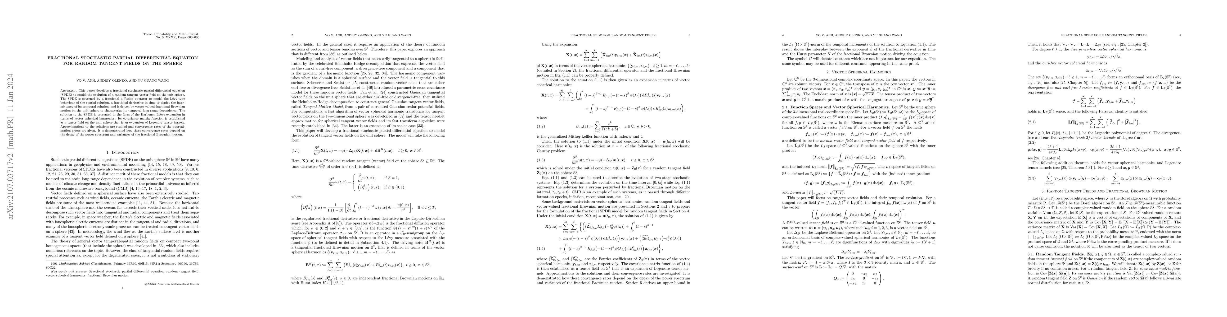 Thumbnail for Fractional Stochastic Partial Differential Equation for Random Tangent
  Fields on the Sphere