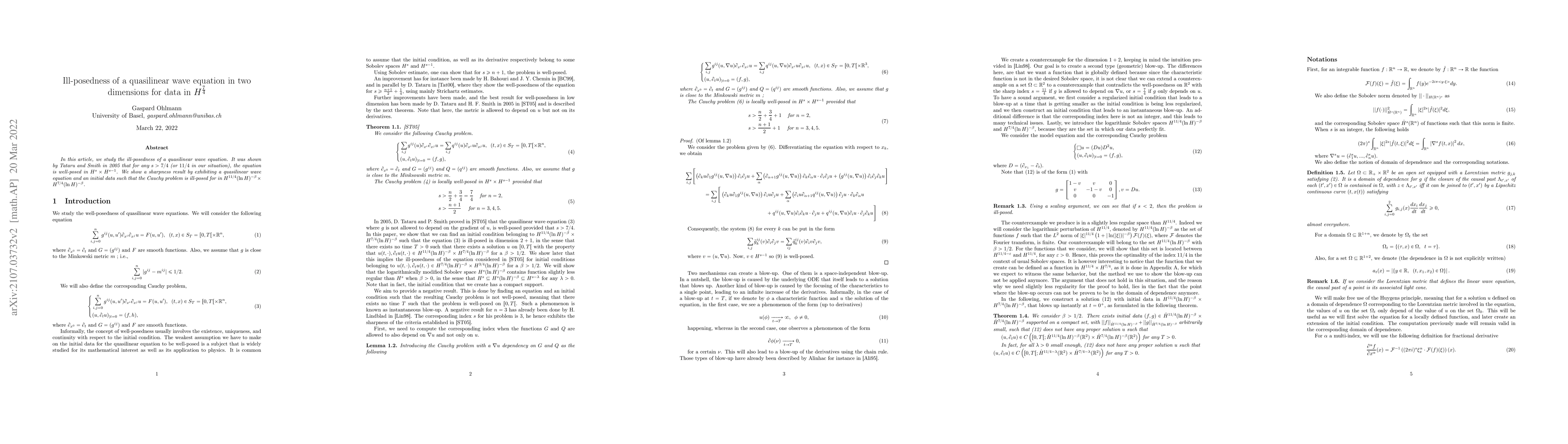 Thumbnail for Ill-posedness of a quasilinear wave equation in two dimensions for data
  in $H^{7/4}$