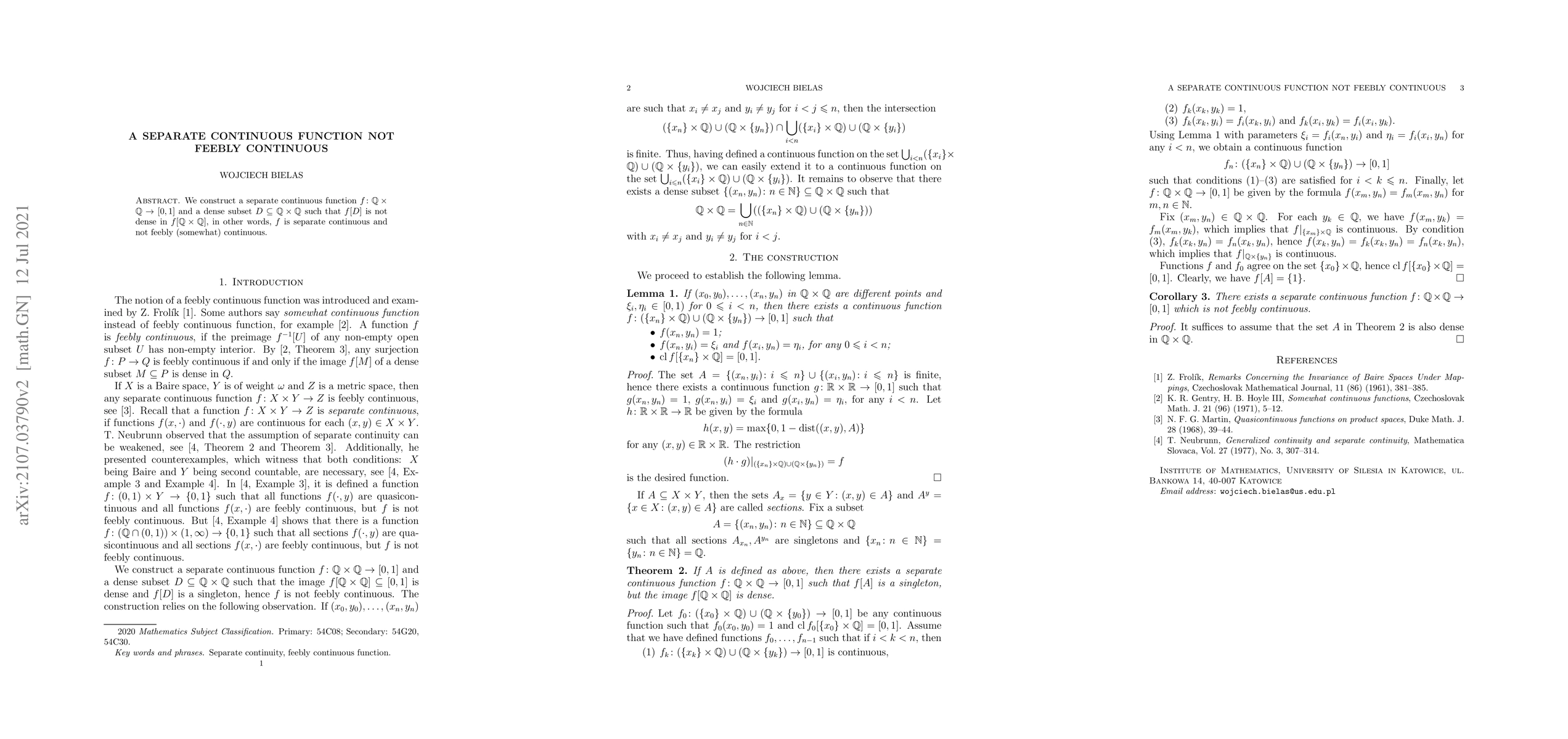 Thumbnail for A separate continuous function not feebly continuous