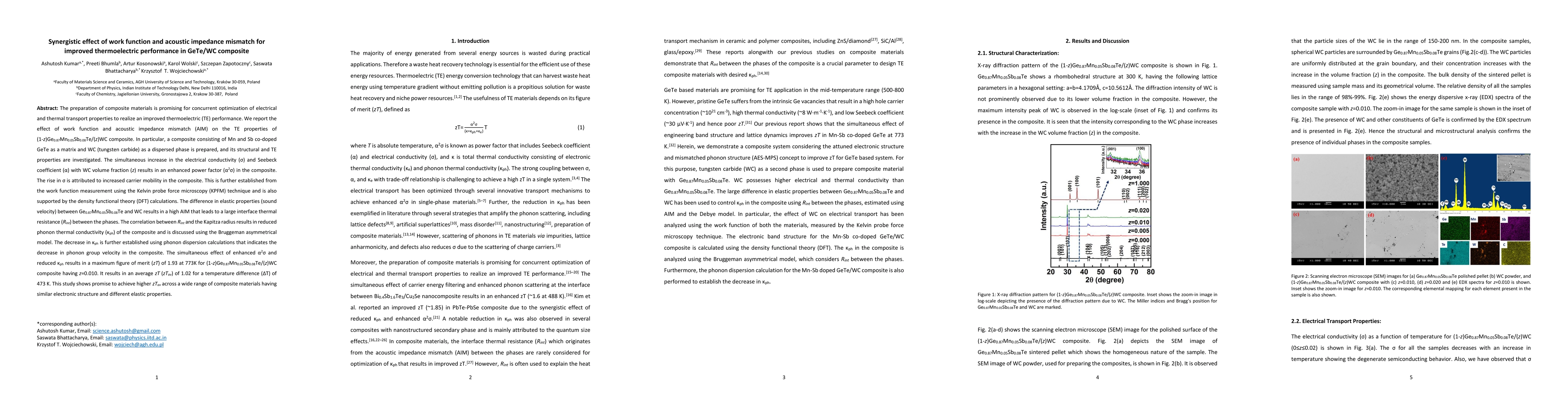 Thumbnail for Synergistic effect of workfunction and acoustic impedance mismatch for
  improved thermoelectric performance in GeTe/WC composite