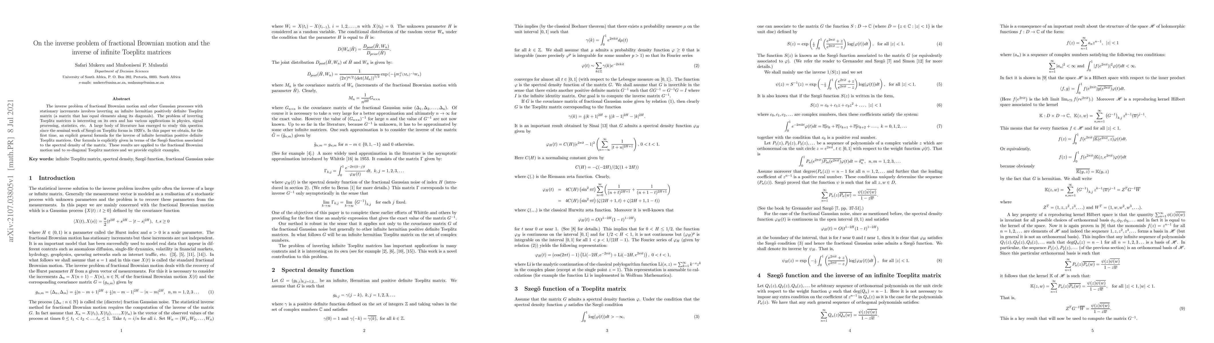 Thumbnail for On the inverse problem of fractional Brownian motion and the inverse of
  infinite Toeplitz matrices