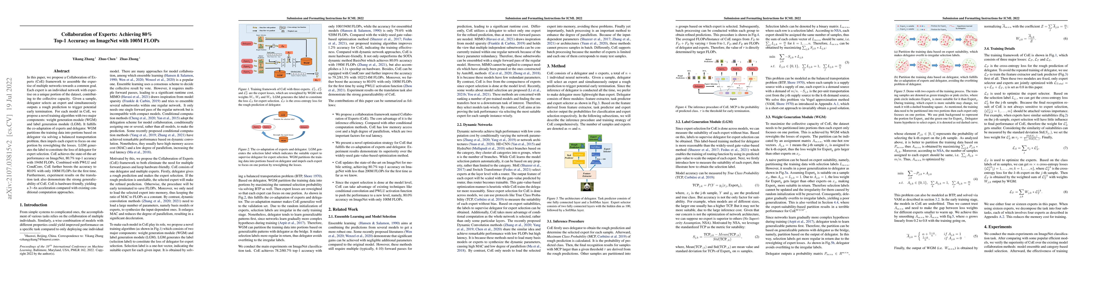 Thumbnail for Collaboration of Experts: Achieving 80% Top-1 Accuracy on ImageNet with
  100M FLOPs