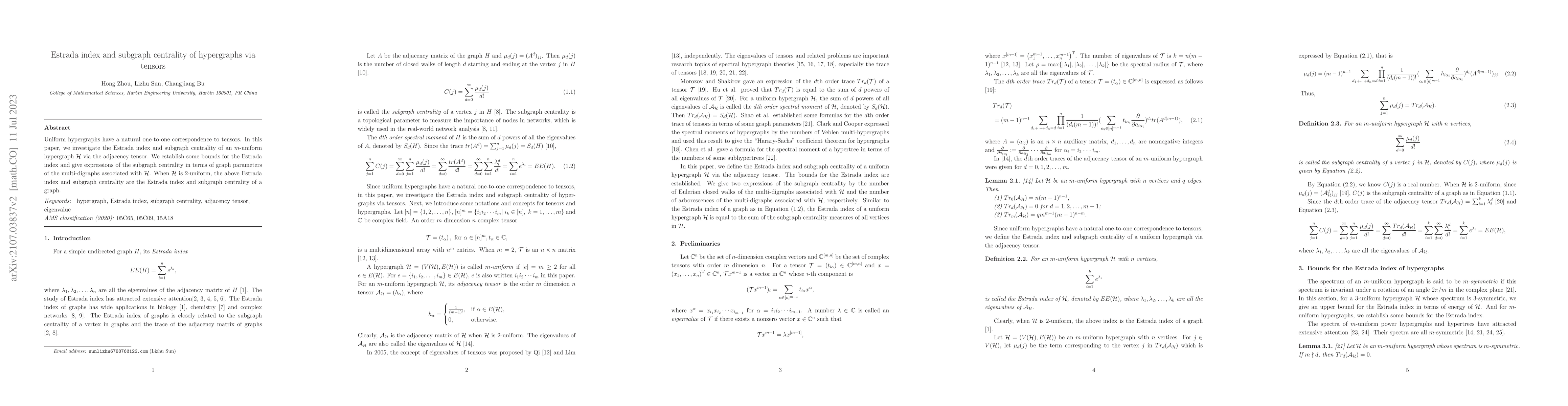 Thumbnail for Estrada index and subgraph centrality of hypergraphs via tensors