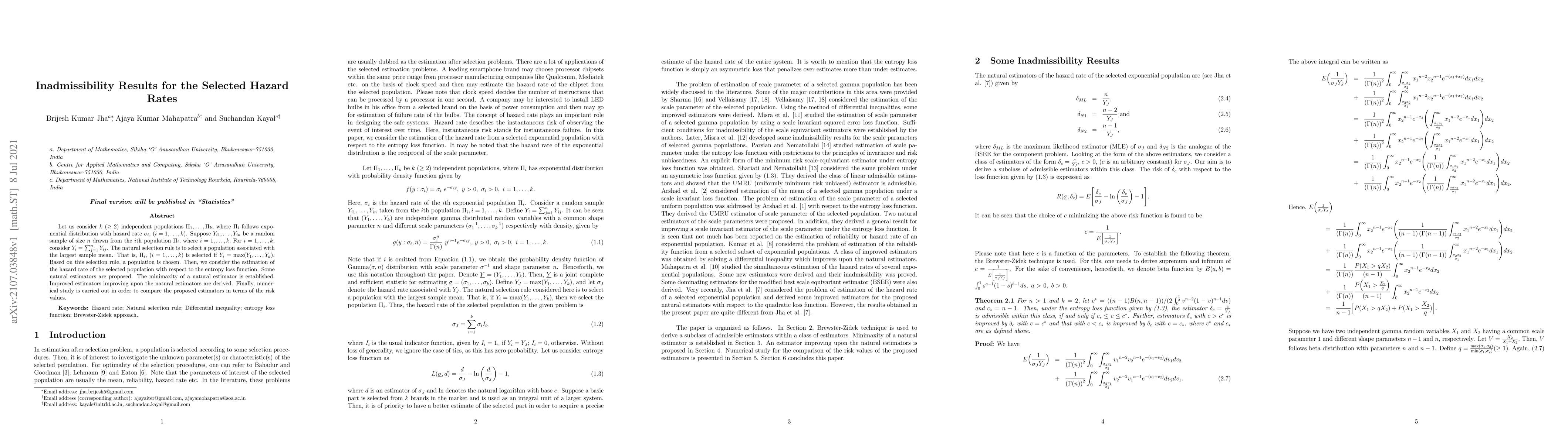 Thumbnail for Inadmissibility Results for the Selected Hazard Rates