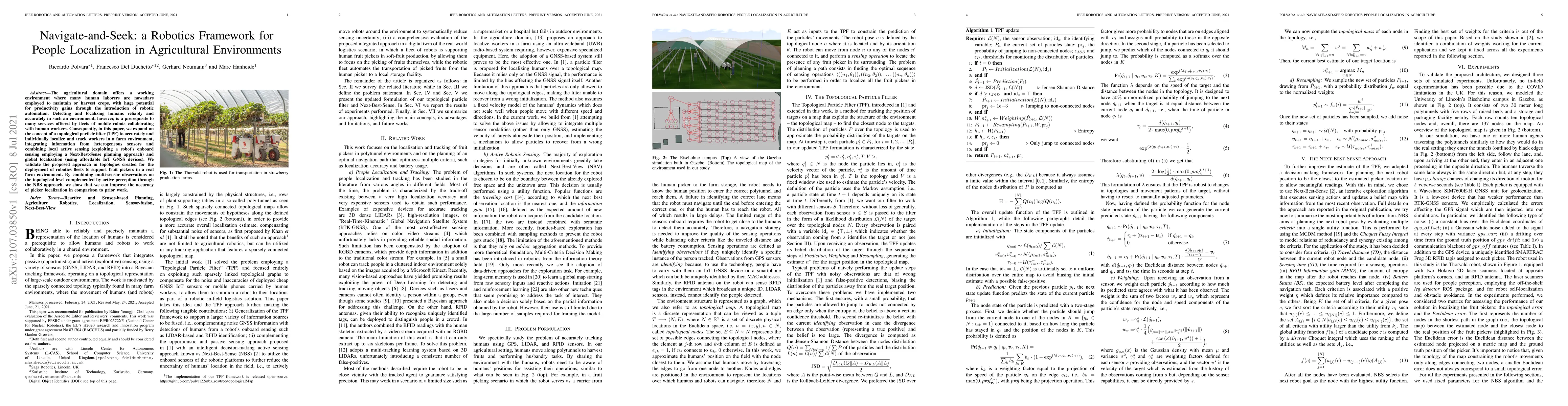 Thumbnail for Navigate-and-Seek: a Robotics Framework for People Localization in
  Agricultural Environments