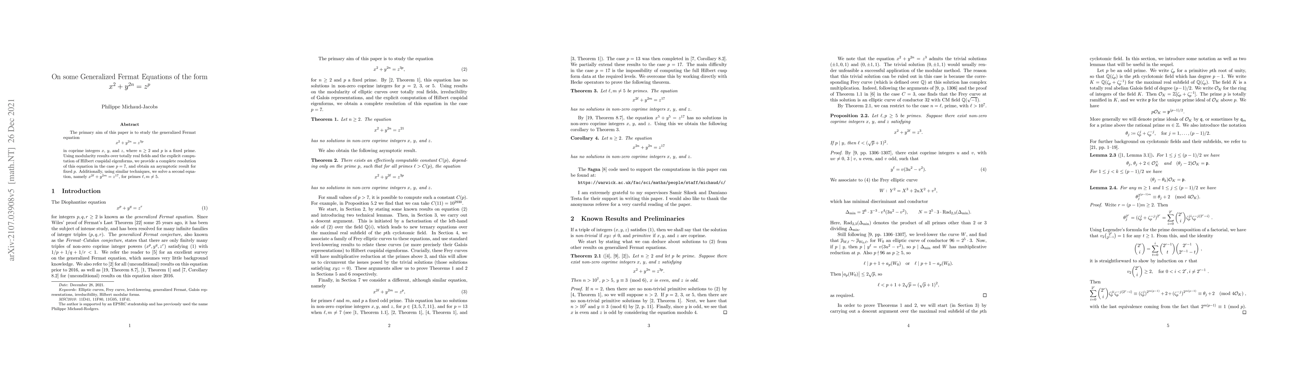 Thumbnail for On some Generalized Fermat Equations of the form $x^2+y^{2n} = z^p$