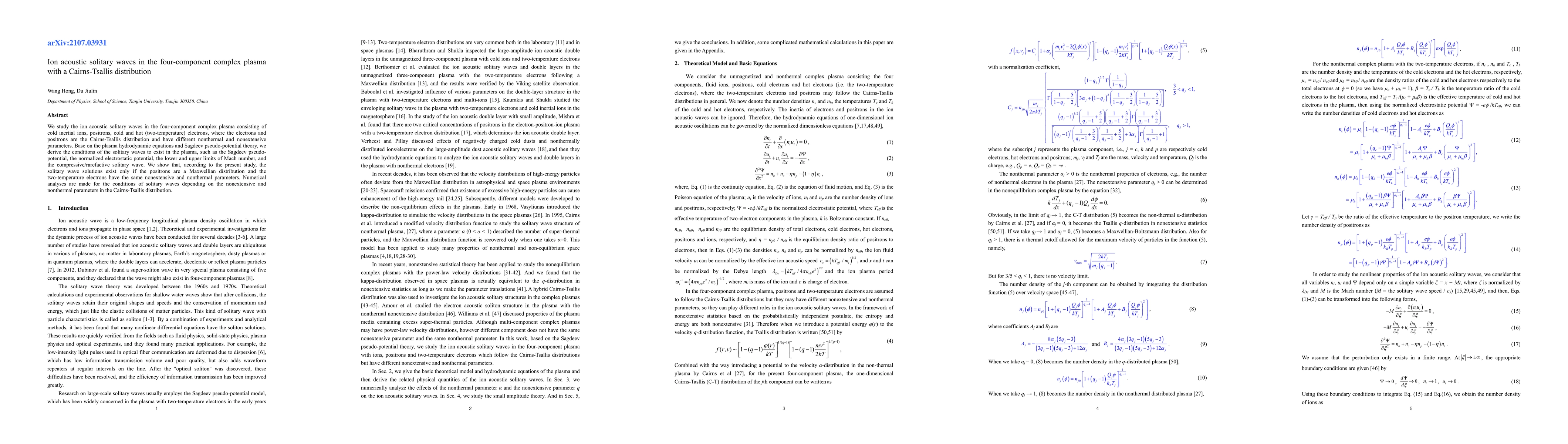 Thumbnail for The ion acoustic solitary waves in the four component complex plasma
  with a Cairns-Tsallis distribution