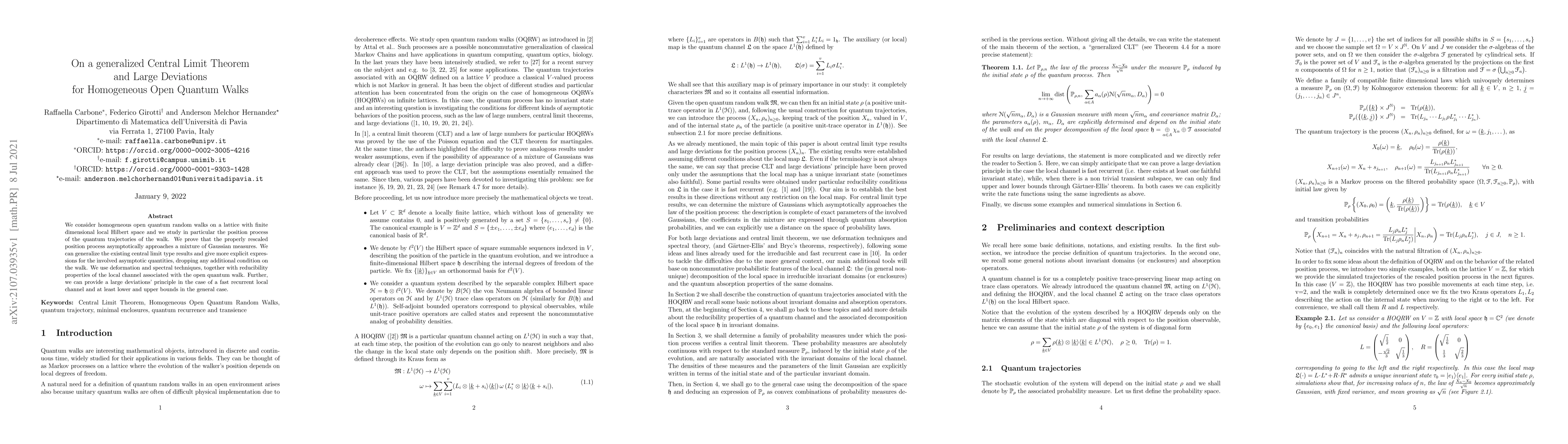 Thumbnail for On a generalized Central Limit Theorem and Large Deviations for
  Homogeneous Open Quantum Walks