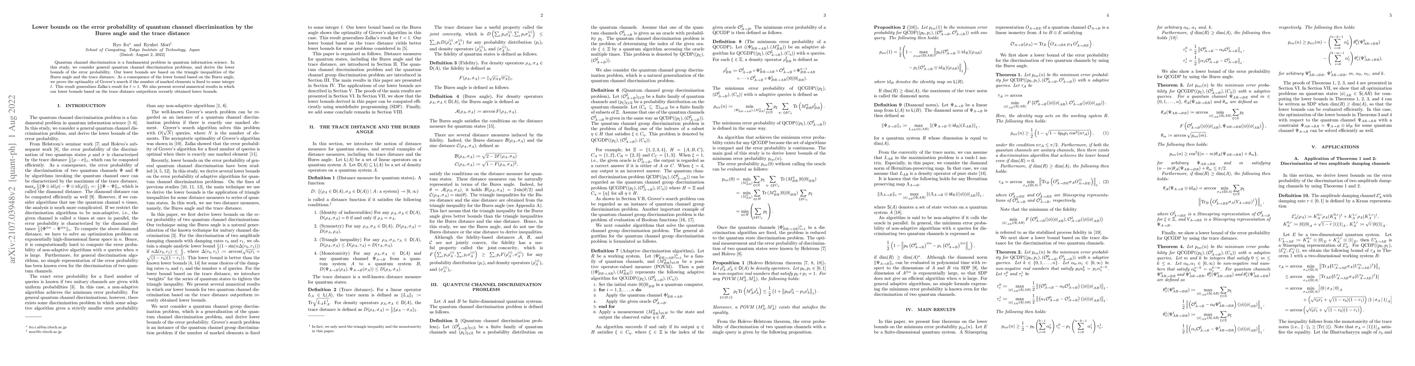Thumbnail for Lower bounds on the error probability of multiple quantum channel
  discrimination by the Bures angle and the trace distance