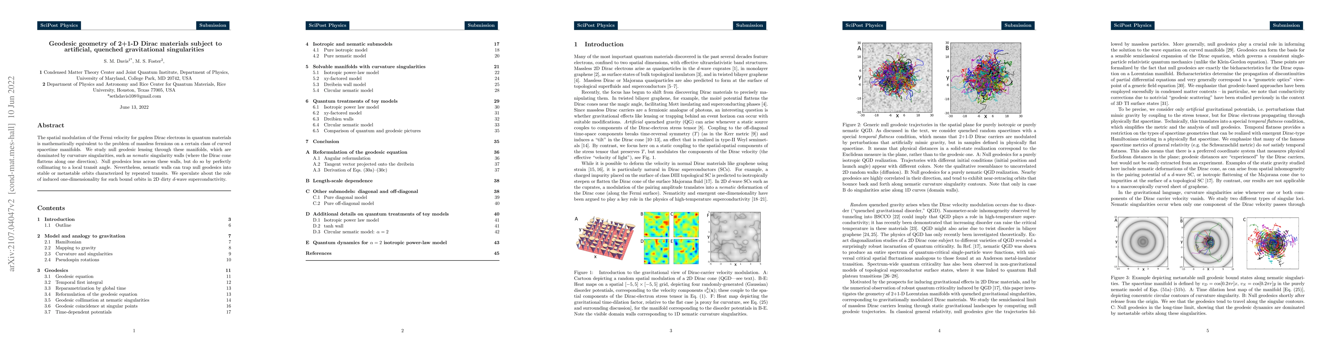 Thumbnail for Geodesic geometry of 2+1-D Dirac materials subject to artificial,
  quenched gravitational singularities
