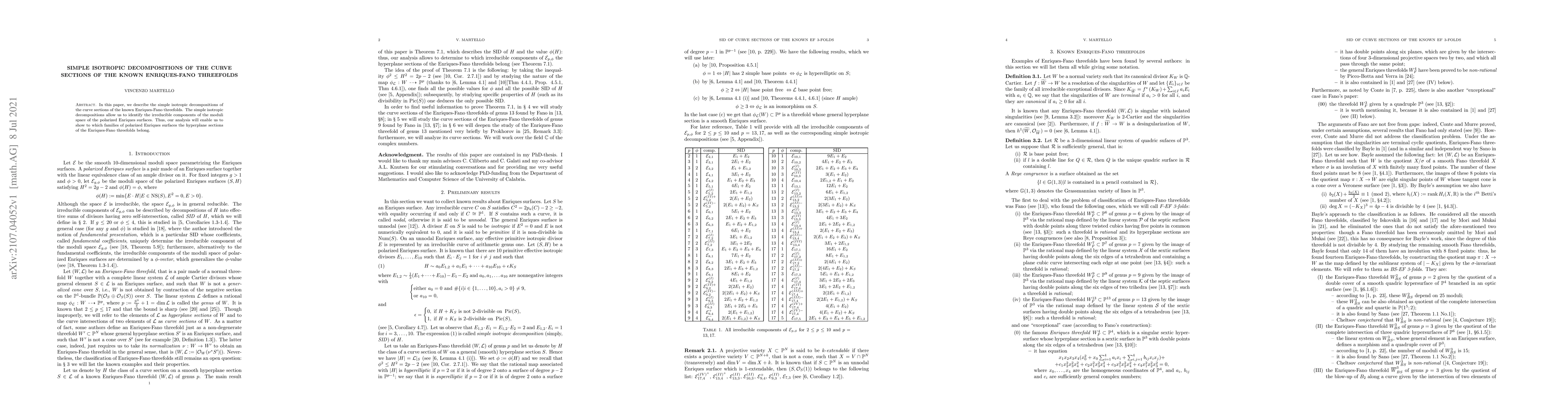 Thumbnail for Simple isotropic decompositions of the curve sections of the known
  Enriques-Fano threefolds