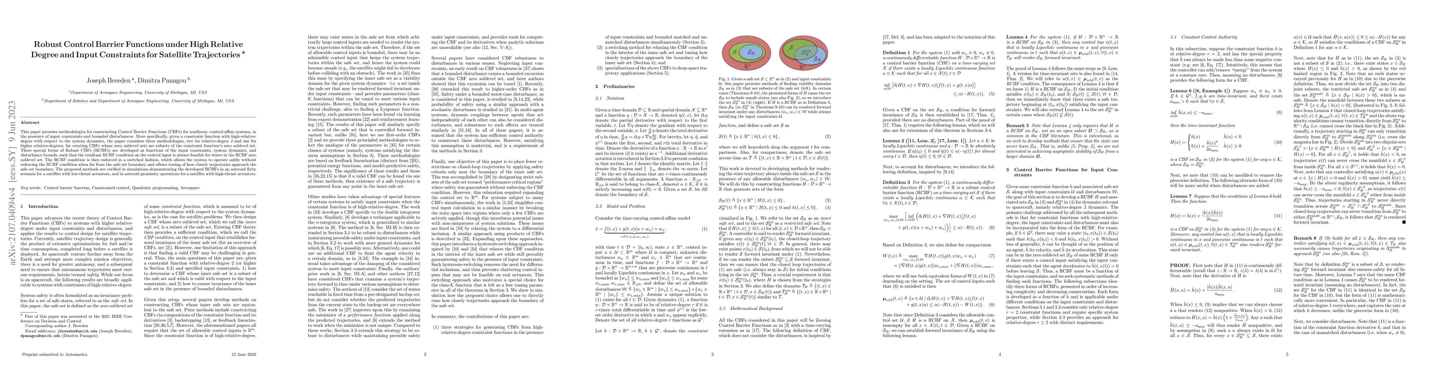Thumbnail for Robust Control Barrier Functions under High Relative Degree and Input
  Constraints for Satellite Trajectories