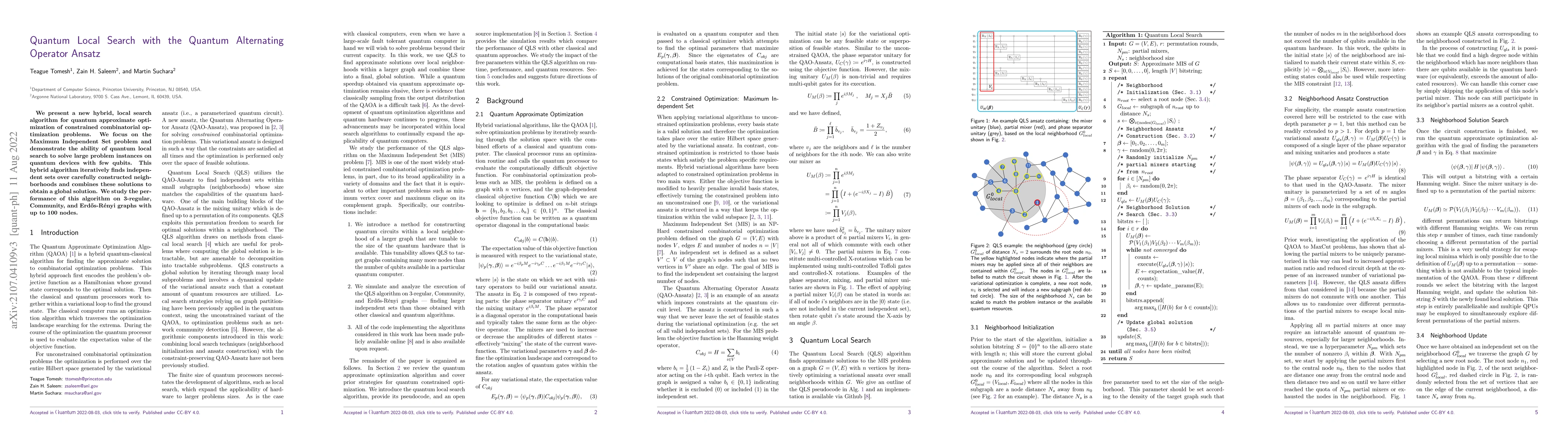 Thumbnail for Quantum Local Search with the Quantum Alternating Operator Ansatz