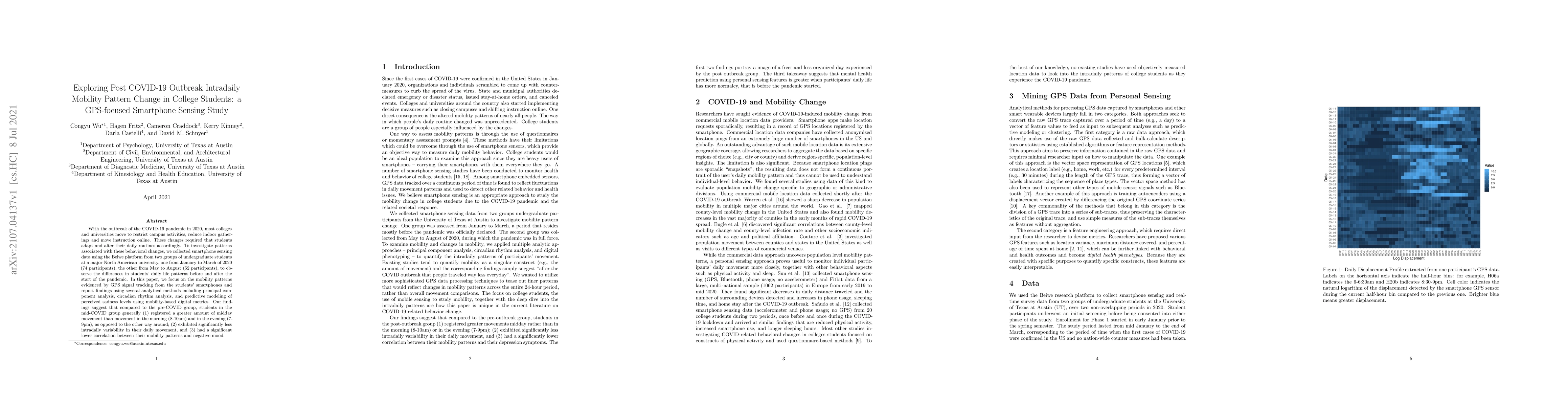 Thumbnail for Exploring Post COVID-19 Outbreak Intradaily Mobility Pattern Change in
  College Students: a GPS-focused Smartphone Sensing Study