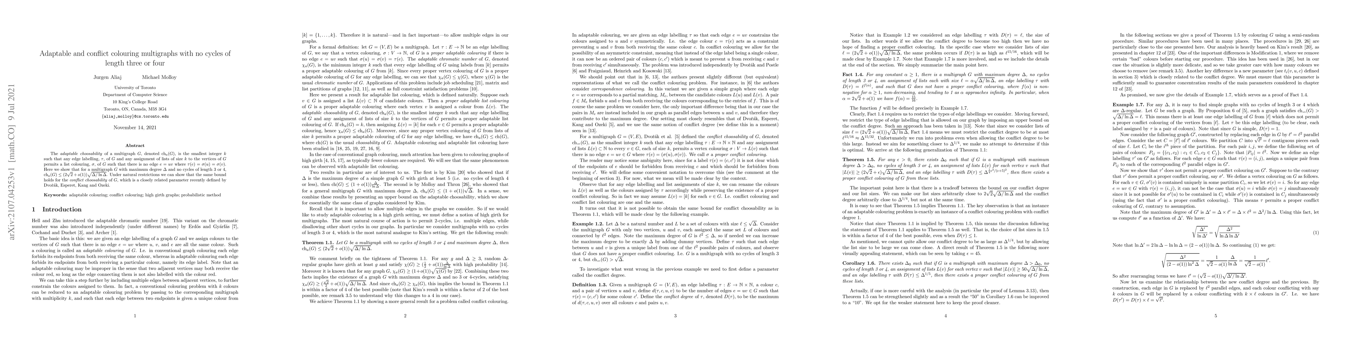 Thumbnail for Adaptable and conflict colouring multigraphs with no cycles of length
  three or four